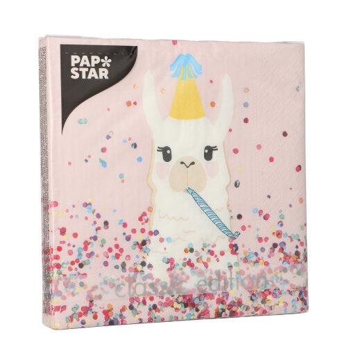 Eine rosafarbene Serviette der PAPSTAR GmbH (20 Stück, 33x33cm, 3-lagig, Design Set 3) zeigt ein Lama mit gelbem Partyhut und blauem Gebläse mit Konfetti; Aufschrift "PAP STAR" oben links.