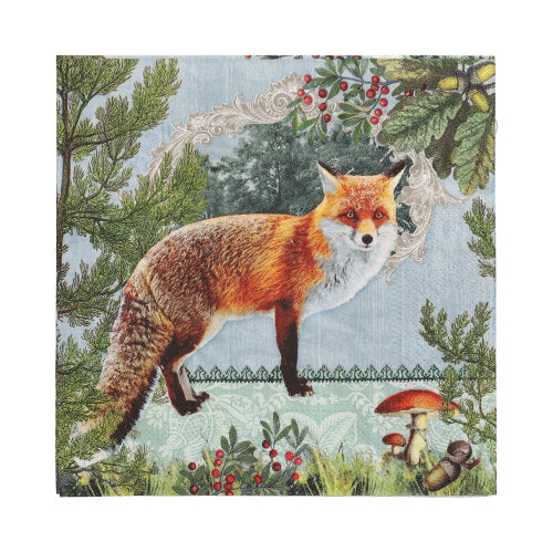 Die Illustration eines Rotfuchses inmitten von grünem Laub, Beeren, Eicheln und Pilzen mit dekorativer Umrandung findet sich auf PAPSTAR 20 Servietten, 33x33 cm, 3-lagig, Design Set 4 der PAPSTAR GmbH.