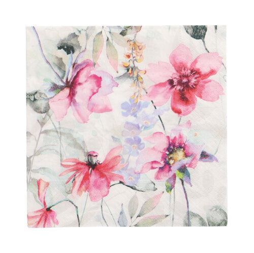 Die PAPSTAR 20 Servietten, 33x33 cm, 3-lagig der PAPSTAR GmbH zeigen ein florales Aquarelldesign mit rosa und lila Blüten und grünen Blättern auf weißem Hintergrund.
