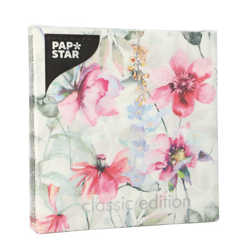 The 20 napkins, Design Set 1, from PAPSTAR GmbH are 3-ply napkins (33 cm x 33 cm, quarter-folded) with a floral watercolor print in pink, red, and purple on white.