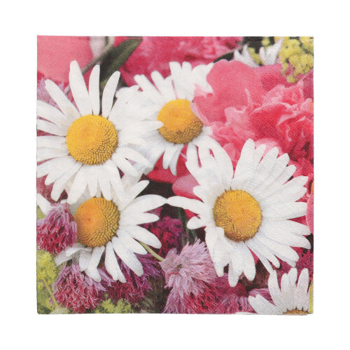 Die PAPSTAR 20 Servietten, 33 cm x 33 cm, 3-lagig der PAPSTAR GmbH haben ein florales Design mit weißen Gänseblümchen und farbenfrohen Blüten und bringen lebendige Eleganz auf Ihren Tisch.