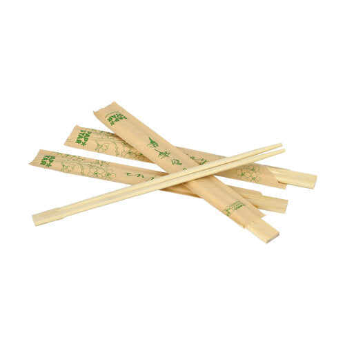 100 Paar PAPSTAR Bambus Essstäbchen „pure“ (21cm), einzeln in Folie gehüllt, von PAPSTAR GmbH, liegen auf weißem Hintergrund – ideal für ein authentisches asiatisches Esserlebnis.
