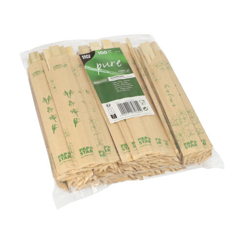 Ein transparenter Plastikbeutel mit 100 Paar 21cm PAPSTAR Bambus Essstäbchen „pure“, jedes einzeln in Papierhüllen verpackt. Beschriftet mit grünem Text und Barcode – perfekt für ein umweltfreundliches asiatisches Esserlebnis.