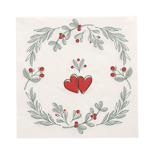 PAPSTAR GmbH 20 Servietten, 33x33 cm, 3-lagig, Set 6: festliche weiße Servietten mit zwei roten Herzen in der Mitte, umgeben von grünen Blättern und roten Beeren - ideal für besondere Anlässe.