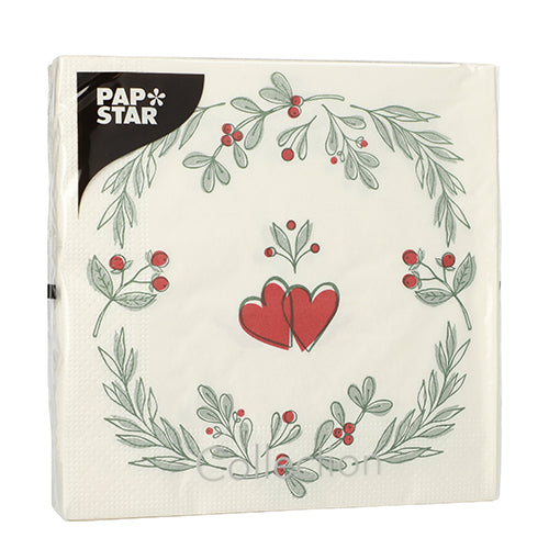 PAPSTAR 20 Servietten, 33x33 cm, 3-lagig von PAPSTAR GmbH (Design Set 6) zeigen eine weiße Serviette mit grünem Blatt- und rotem Beerenkranz, roten Herzen in der Mitte und einem schwarzen "PAP STAR"-Label oben links.