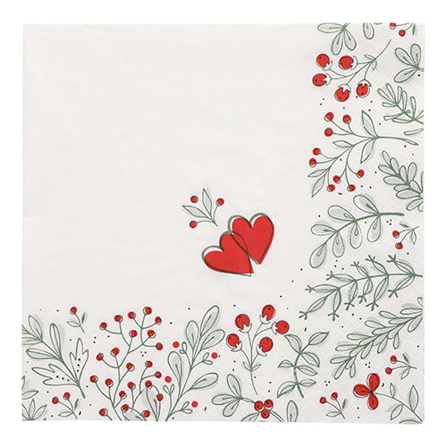 PAPSTAR 20 Servietten (40x40 cm, 3-lagig, 1/4-Falz) von PAPSTAR GmbH mit grünem Blätter- und Beerendekor am Rand und zwei überlappenden roten Herzen in der Mitte.