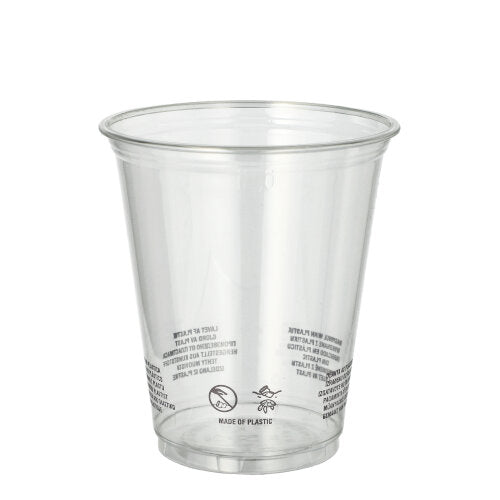 Der Starpak 50 Trinkbecher R-PET glasklar, ein durchsichtiger und umweltfreundlicher Becher von Starpak, verfügt über Recycling- und Warnsymbole am unteren Rand und steht aufrecht auf einem weißen Hintergrund.