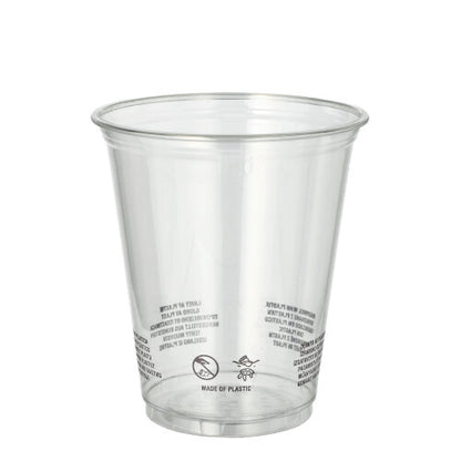 The Starpak 50 R-PET clear drinking cup, a transparent and eco-friendly cup from Starpak, features recycling and warning symbols at the bottom and stands upright on a white background.