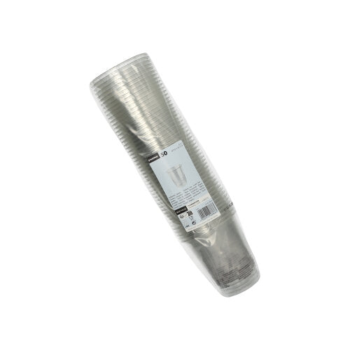 Ein Stapel Starpak 50 Trinkbecher R-PET glasklar, eingewickelt in eine transparente Verpackung mit einem weißen Produktinformationsetikett – eine umweltfreundliche Starpak-Wahl für Ihren Getränkebedarf.
