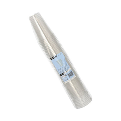 A stack of Starpak 50 R-PET clear drinking cups in clear foil with a blue-white label – environmentally friendly, transparent, and perfect for any occasion.