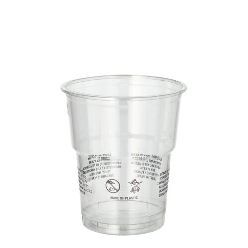 Der Starpak 50 Trinkbecher R-PET glasklar von Starpak ist ein kristallklarer, umweltfreundlicher Becher mit aufgedruckten Symbolen und Texten an der Seite, die auf einem schlichten weißen Hintergrund abgebildet sind.