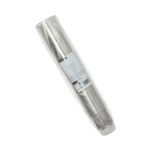 Ein Stapel von 50 Starpak Trinkbechern R-PET glasklar in transparenter Verpackung mit weißem Etikett und Barcode – eine umweltfreundliche Wahl von Starpak für jeden Anlass.