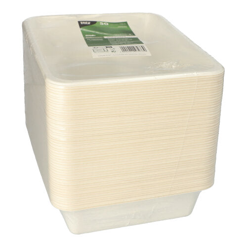 Ein Stapel PAPSTAR 50 Siegelschalen aus Zuckerrohr mit PLA-Beschichtung (4,9 x 22,7 x 17,8 cm), rechteckig und weiß, vom Hersteller PAPSTAR GmbH – in Plastik verpackt und mit grün-weißem Etikett auf dem obersten Tablett.
