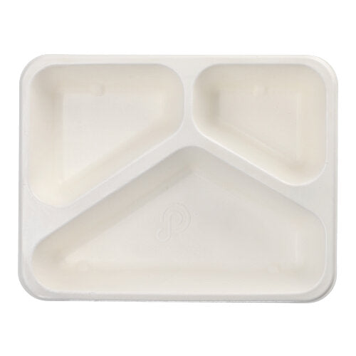 The PAPSTAR 50 sealable sugarcane bowls from PAPSTAR GmbH is a PLA-coated, white rectangular bowl (4.9 x 22.7 x 17.8 cm) with three compartments, ideal for serving individual meals without mixing.