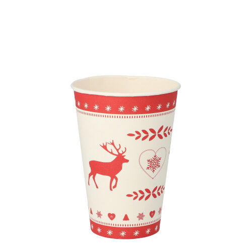 Ein PAPSTAR 0,2 L Pappe Trinkbecher (Ø 7 cm, H 9,7 cm) der PAPSTAR GmbH ist leer auf weißem Grund abgebildet. Der Becher ist mit roten Weihnachtsmotiven – Rentieren, Schneeflocken und Herzen – auf seiner weißen, umweltfreundlichen Oberfläche versehen.