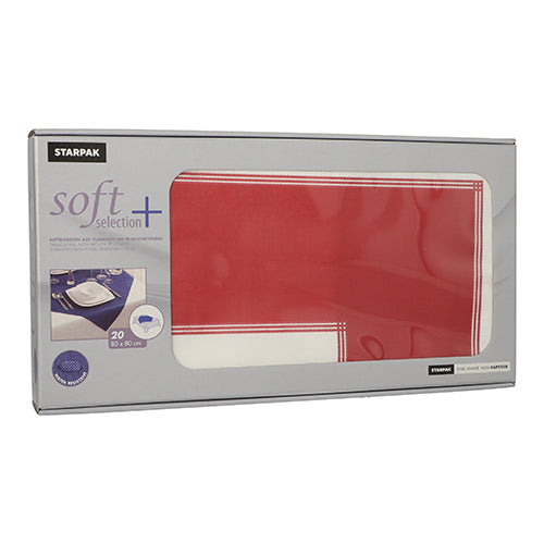 A box with 20 Starpak table covers made of fabric-like fleece “Soft Selection Plus” (80 x 80 cm), with predominantly gray packaging and a transparent window through which the red table covers with white edges become visible. Brand: Starpak.