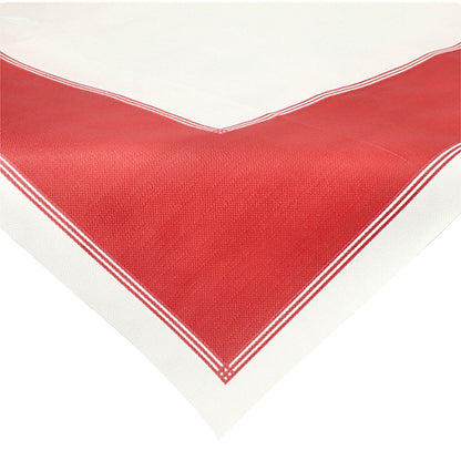 A close-up shows the Starpak 20 table covers, fabric-like fleece “soft selection plus” (80x80 cm) tablecloth with a white background, wide red border, and thin white stripes for an elegant touch.