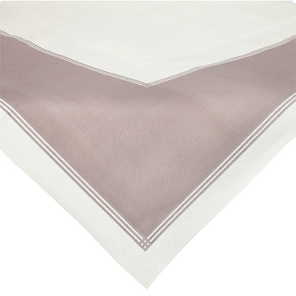 A Starpak 20 centerpiece tablecloth, 80x80 cm, fabric-like, from the fleece collection "soft selection plus" – white with taupe border and double white stripes – depicted draped over a table corner.
