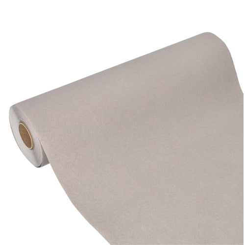 Ein Tischläufer der PAPSTAR GmbH, Tissue „ROYAL Collection“ (24 m x 40 cm), ist teilweise ausgerollt auf weißem Untergrund abgebildet. Der hellgraue Läufer zeichnet sich durch eine glatte, gleichmäßige Tissue-Textur aus.