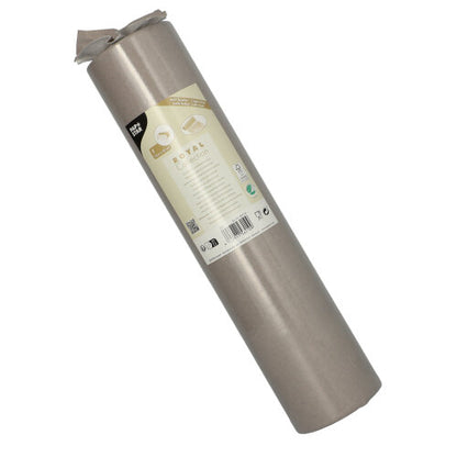 A 24 m x 40 cm PAPSTAR table runner from the ROYAL Collection of PAPSTAR GmbH made of high-quality tissue in silver is foil-wrapped and features a label with product details, recycling symbols, and size specifications.