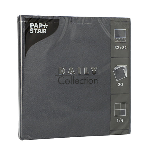 Ein 20er-Pack Servietten (1/4-Falz, 32x32 cm) der PAPSTAR GmbH aus der „DAILY Collection“ in der Farbe Dunkelgrau – ideal für eine stilvolle Tischdekoration und mit dem Markennamen PAPSTAR versehen.