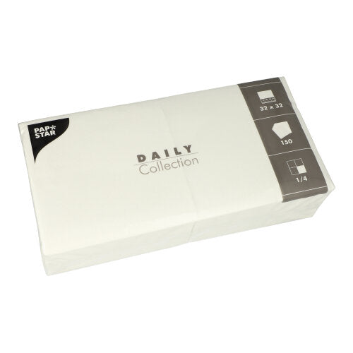 Eine Rechteckpackung mit 150 Servietten „DAILY Collection“ der PAPSTAR GmbH, 1/4-Falz, 32x32 cm, in überwiegend weißer Verpackung mit dezenten grauen Akzenten.