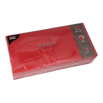 The package from PAPSTAR GmbH includes 150 napkins from the "DAILY Collection" in the format 32 x 32 cm with classic 1/4-fold quarter folding.