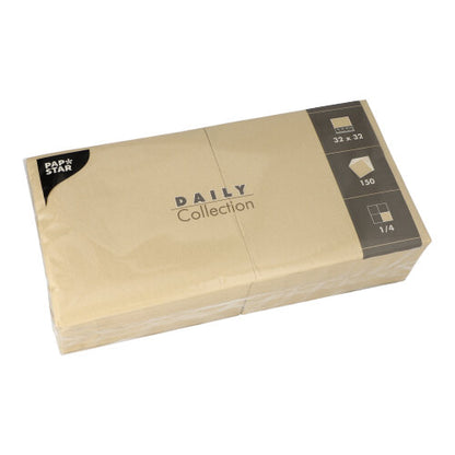 A beige package with 150 napkins from PAPSTAR GmbH "DAILY Collection" 1/4 fold, 32 x 32 cm, perfect for daily use. Neatly folded and wrapped in transparent film.
