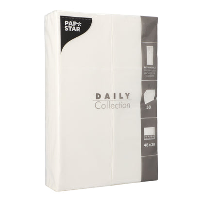 A pack of 50 napkins "DAILY Collection" (48 cm x 30 cm, cutlery fold) by PAPSTAR GmbH contains white napkins with product information and illustrations on the right side of the packaging.
