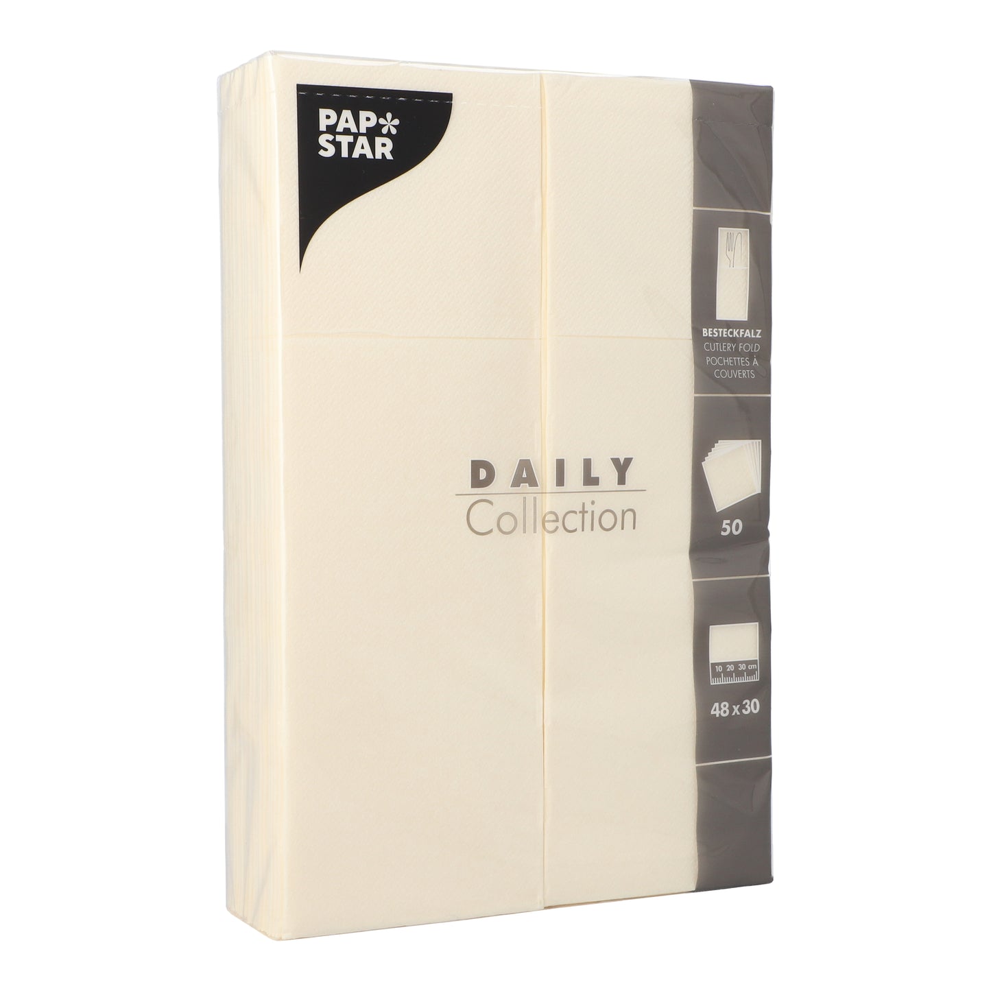 A sealed pack of 50 beige PAPSTAR napkins "DAILY Collection" 48 x 30 cm with cutlery fold from PAPSTAR GmbH, with black and white product details and symbols on the packaging.