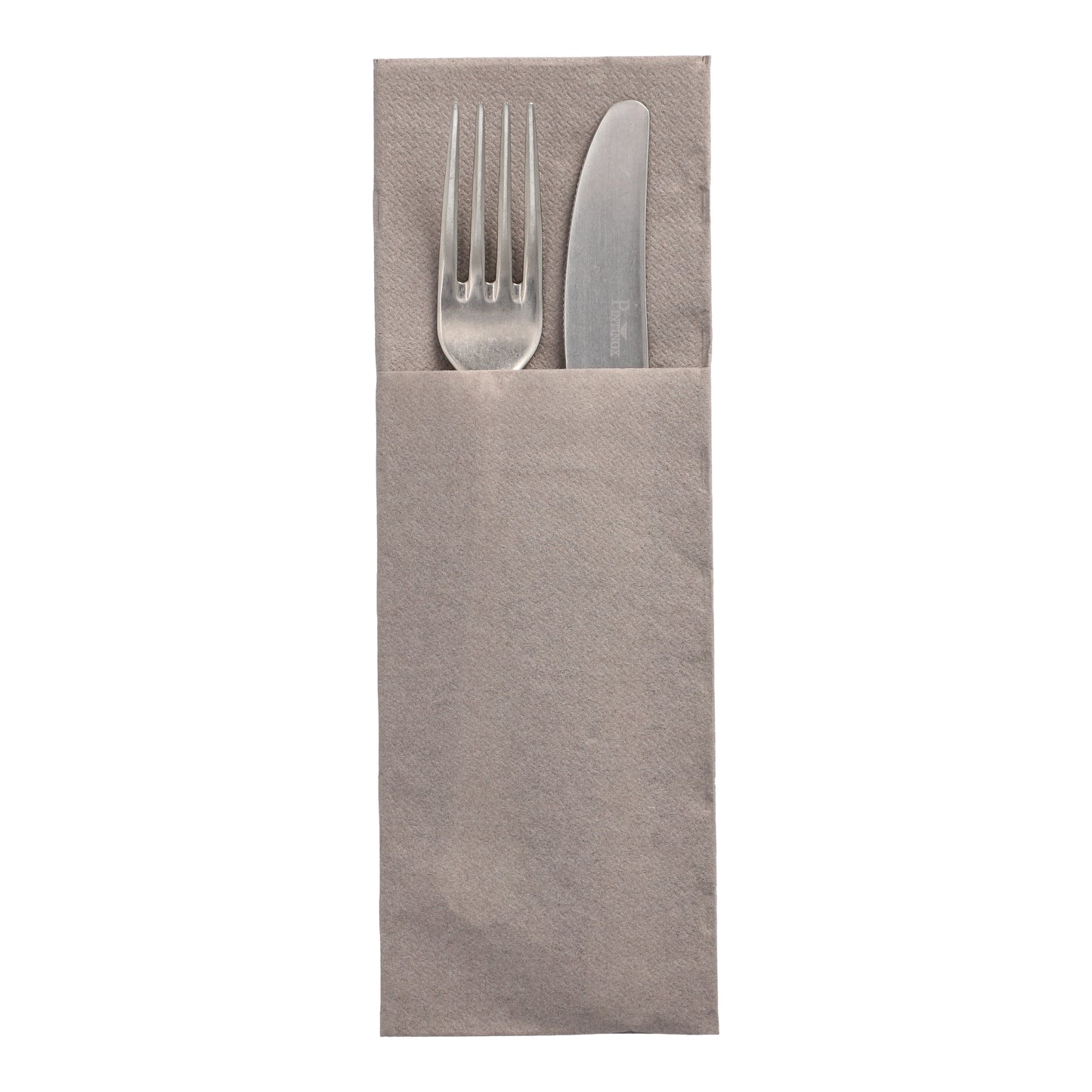 A fork and knife made of metal from the DAILY Collection are in a napkin sleeve "50 napkins "DAILY Collection" 48 cm x 30 cm with cutlery fold" by PAPSTAR GmbH, depicted vertically on a white background.
