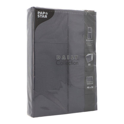 A sealed pack of 50 PAPSTAR napkins "DAILY Collection" (48 x 30 cm, cutlery fold) by PAPSTAR GmbH features black packaging with white text and an illustrated napkin on the side.