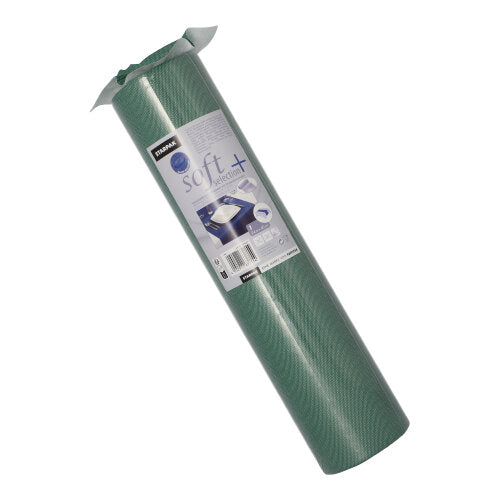 A rolled-up Starpak table runner (fabric-like, fleece 'Soft Selection Plus', 24 m x 40 cm) with a detailed label stands upright against a white background. The premium table runner is ideal for special occasions.