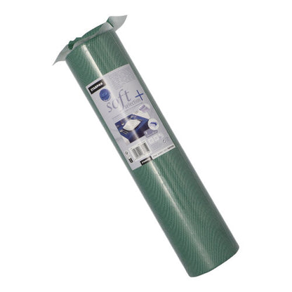 A rolled-up Starpak table runner (fabric-like, fleece 'Soft Selection Plus', 24 m x 40 cm) with a detailed label stands upright against a white background. The premium table runner is ideal for special occasions.