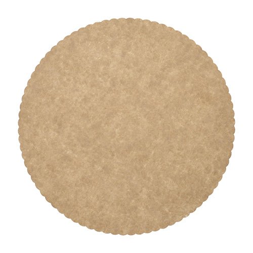 The PAPSTAR 100 cake boards, "pure" round cardboard PAPSTAR GmbH offers round, light-brown paper doilies with wavy edges and a subtle texture—ideal for use as cake doilies in the food service industry. The top view against a white background showcases high-quality craftsmanship.