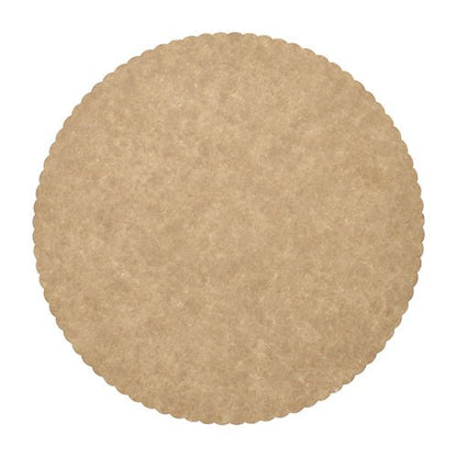 The PAPSTAR 100 cake boards, "pure" round cardboard PAPSTAR GmbH offers round, light-brown paper doilies with wavy edges and a subtle texture—ideal for use as cake doilies in the food service industry. The top view against a white background showcases high-quality craftsmanship.