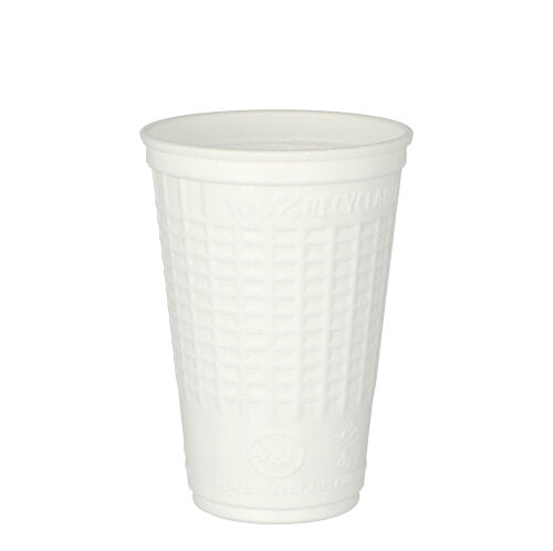 Der Starpak 50 Thermobecher, PP 0,25 l, Ø 7,8 cm · 11 cm in weiß ist aufrecht auf weißem Hintergrund abgebildet. Dieser strukturierte Becher sorgt für zuverlässige Isolierleistung – ideal für warme Getränke. Packung enthält 50 Stück.