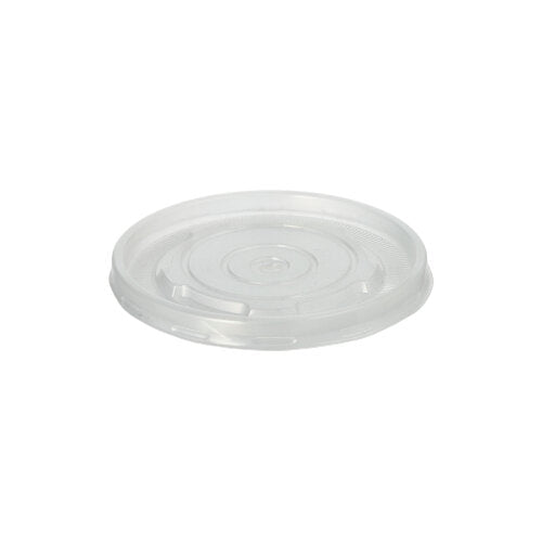 Ein klarer, runder Starpak 25 Deckel für Suppenbecher (PP, Ø 9,8 cm, 1 cm), abgebildet auf weißem Hintergrund, hat einen leicht erhöhten Rand und ist passend für Suppenbecher. Die Packung enthält 25 transparente Deckel.