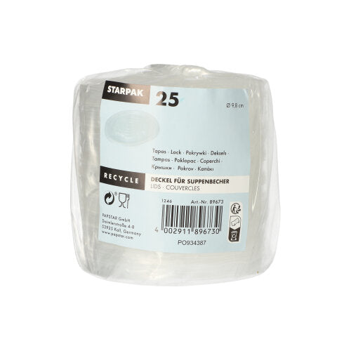Eine transparente Kunststoffpackung enthält 25 Starpak PP-Deckel für Suppenbecher (rund, Ø 9,8 cm, 1 cm hoch), beschriftet mit Barcode und mehrsprachigen Recycling-Informationen. Produkt: Starpak 25 Deckel für Suppenbecher, PP rund Ø 9,8 cm.