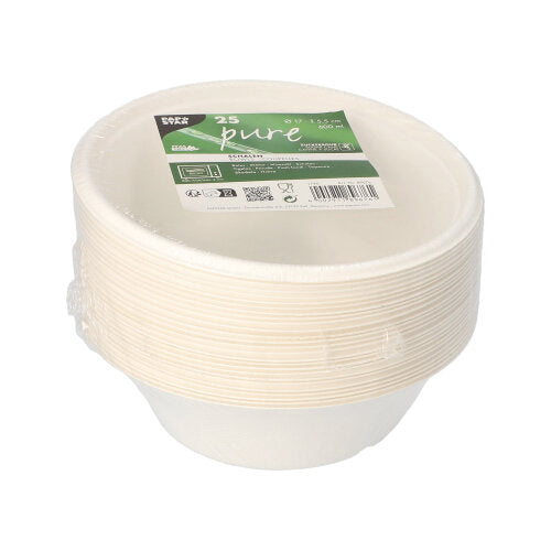 Ein Stapel aus 25 PAPSTAR Zuckerrohr-Schalen „pure“, Ø 17 cm, biologisch abbaubar, ist in Plastik verpackt. Das grün-weiße Etikett der PAPSTAR GmbH oben zeigt Produktinfos und Symbole.
