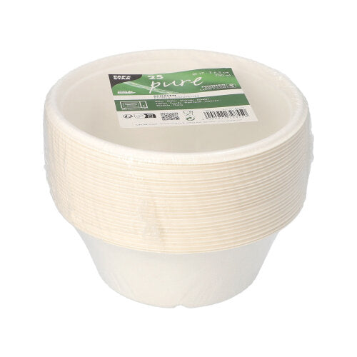 Ein Stapel PAPSTAR 25 Schalen aus Zuckerrohr „pure“, Ø 17cm, mit grün-weißem Etikett; biologisch abbaubar, nachhaltig und umweltfreundlich – von PAPSTAR GmbH.