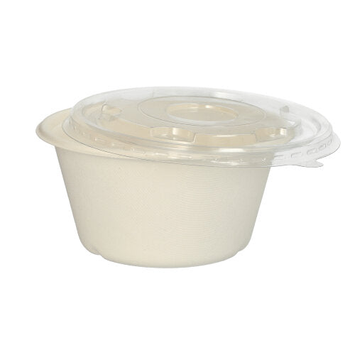 Die PAPSTAR 25 Schalen aus Zuckerrohr „pure“, Ø 17 cm von PAPSTAR GmbH, biologisch abbaubar, sind mit einem klaren Kunststoffdeckel sicher verschlossen und werden vor weißem Hintergrund präsentiert.