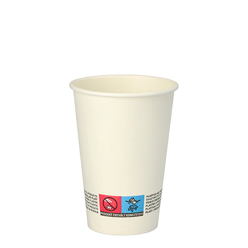 Ein Starpak 100 Automatenbecher „To Go“ aus weißer Pappe (0,18 l, Ø 7 cm, 9,2 cm) steht auf weißem Hintergrund zu sehen. Nahe dem Boden des umweltfreundlichen Bechers befinden sich kleine Symbole und Text.