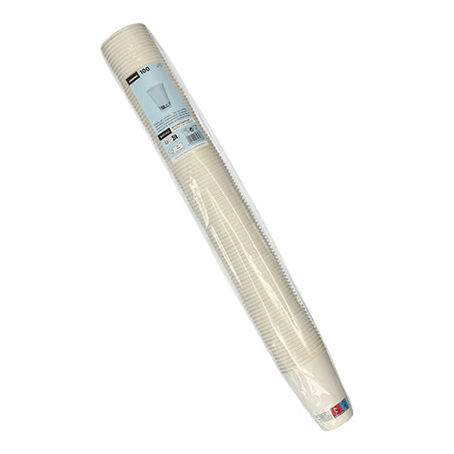 Ein 100er-Pack weißer Starpak Automatenbecher „To Go“ aus Pappe (0,18 l, Ø 7 cm, 9,2 cm) liegt in Folie verpackt auf weißem Hintergrund – ideal als Kaffeebecher oder für den Automaten.