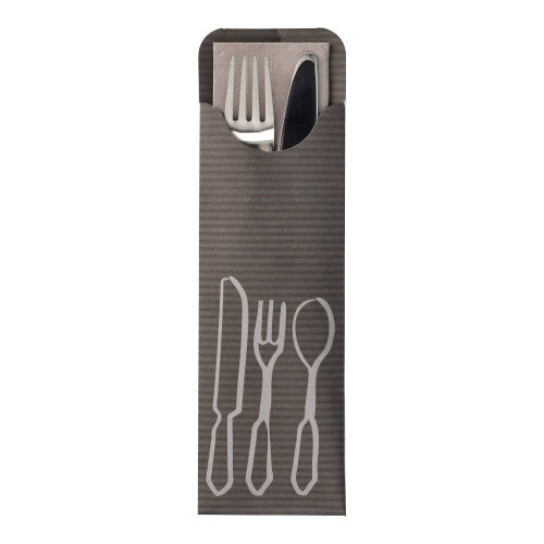 Die PAPSTAR 100 Bestecktaschen (23,5 x 7,3 cm) der PAPSTAR GmbH beinhalten eine farbige Bistro-Serviette und sind mit weißen Besteckumrissen versehen – ideal zur Aufbewahrung von Gabel und Messer in der Gastronomie.