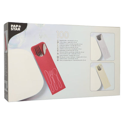 Eine Schachtel mit 100 PAPSTAR Bestecktaschen (23,5 x 7,3 cm) mit farbigen Bistro-Servietten, jeweils mit Besteckfächern – ideal für den Gastronomiebereich; von der PAPSTAR GmbH.