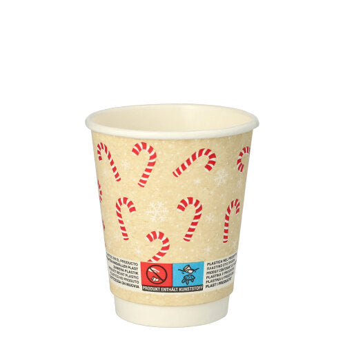 Der PAPSTAR 25 doppelwandige Papp-Trinkbecher (0,2 l, Ø 8 cm, 9,3 cm) mit „Candy Canes“ Motiv zeigt rote und weiße Zuckerstangen sowie Schneeflocken auf beigem Grund und enthält ein Warnhinweisfeld. Verpackungseinheit: 25 Stück.