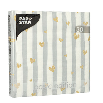 Eine Packung mit 30 PAPSTAR Servietten, 3-lagig, 1/4-Falz, je 33 x 33 cm von der PAPSTAR GmbH; grau-weiß gestreifte Servietten mit goldenem Herzmotiv, perfekt für besondere Anlässe.