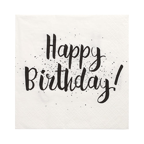 PAPSTAR GmbH 30 Servietten, 3-lagig, 1/4-Falz (33x33 cm), weiß mit schwarzem "Happy Birthday!"-Schriftzug und Tupfen. Hochwertige PAPSTAR-Servietten – ideal für festliche Anlässe und Geburtstagsfeiern.