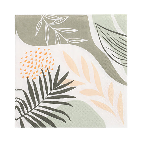 Die PAPSTAR 20 Servietten von PAPSTAR GmbH sind 3-lagige Papierservietten, 33 x 33 cm, mit einem abstrakten botanischen Design in Grün, Beige und Gelb auf Weiß. Das Design Set 6 hat eine quadratische Form und eine praktische 1/4-Faltung.